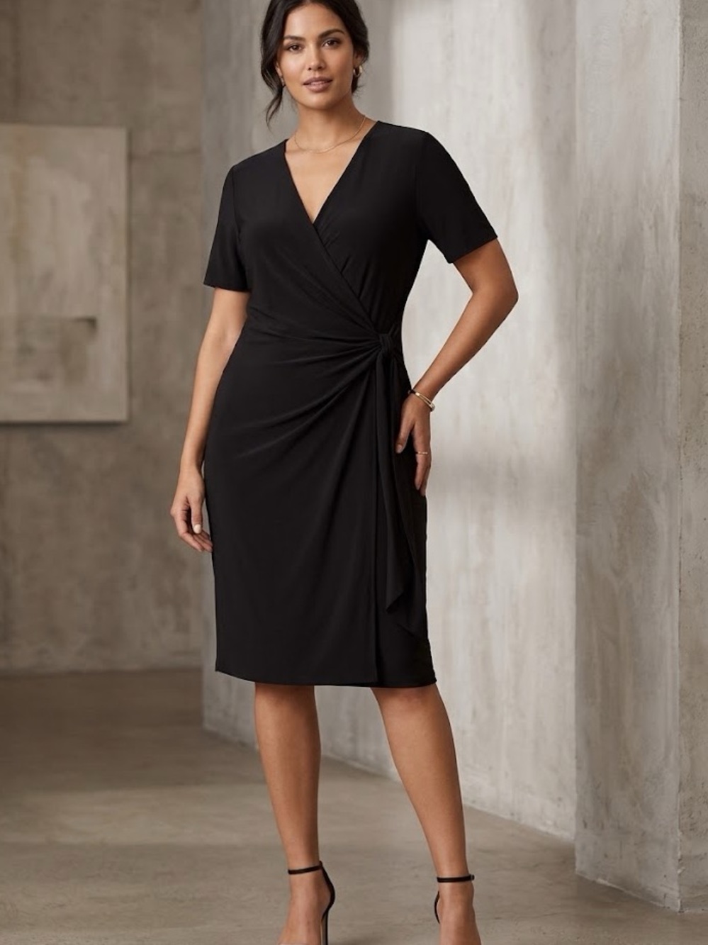 NWT Anne Klein Black Faux Wrap Dress Side Knot Accent Size 12 MSRP $99